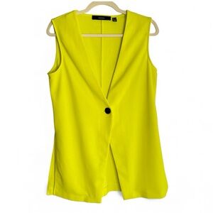 Vera Moda Sleeveless Top Vest Neon Yellow Black Button Front Side Slit Small